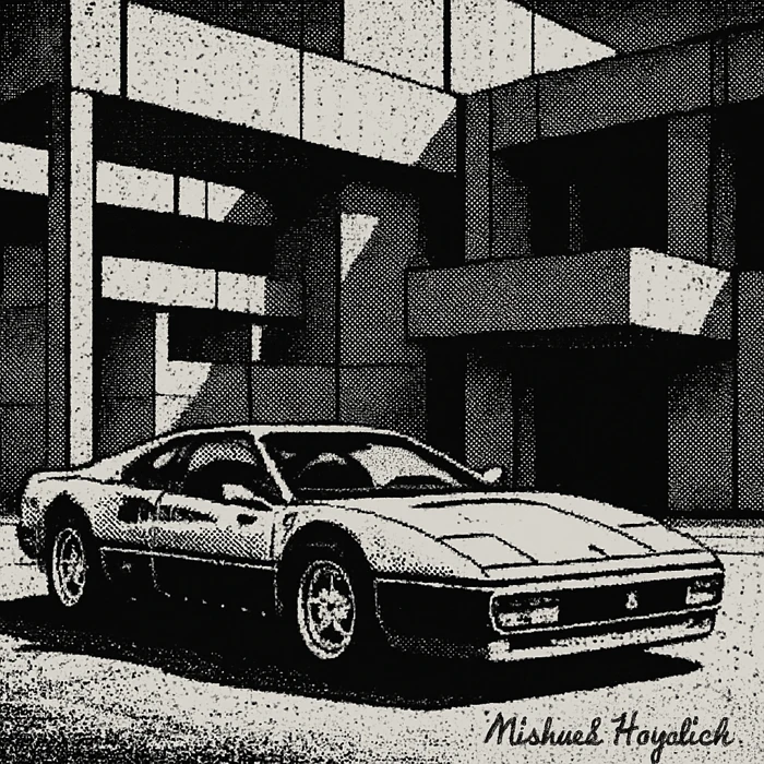 Monochrome 1980s pixel art Ferrari in a brutalist setting, signed by Michael Hoydich