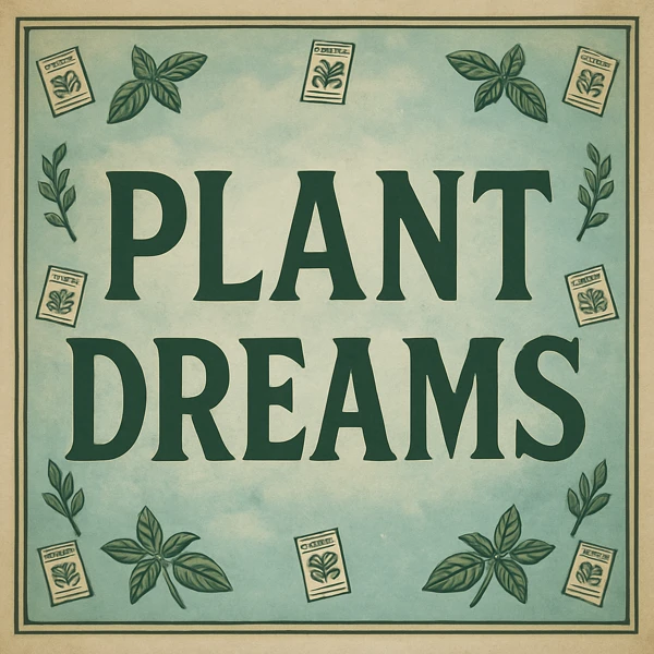 PLANT DREAMS vintage-style sign with herb illustrations on blue background
